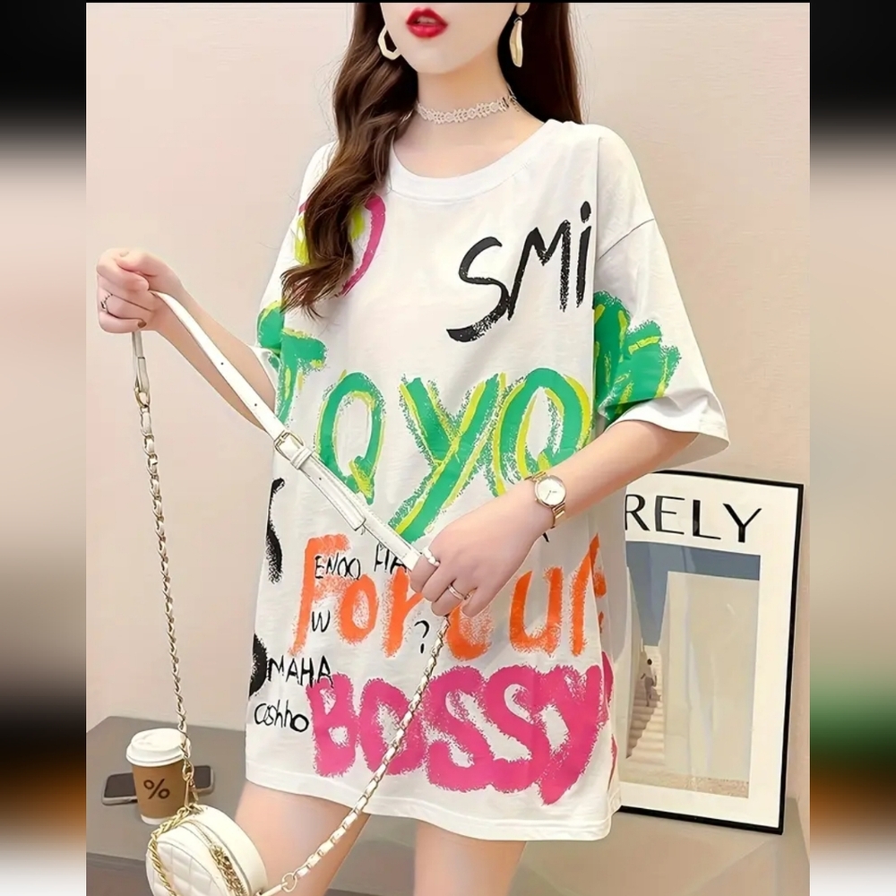 Women's Plus Size Loose Fit Cartoon Graphic Print T-Shirt - Casual Round Neck - Picture 1 of 5